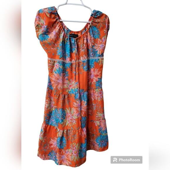 Zara Basic Orange Blue Floral Short Sleeve Tiered Mini Dress M - Picture 1 of 8